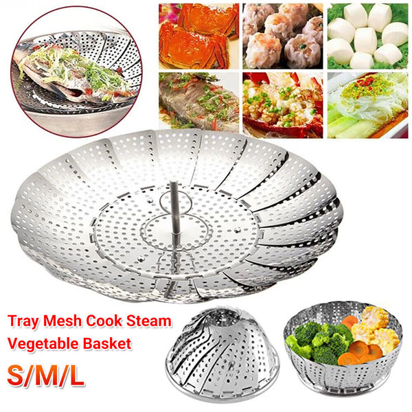 Up 2X Tray Mesh Cook Steam Vegetable Basket Stainless Steel Folding Steamer 23CM