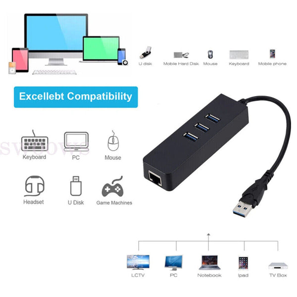 2PCS 100Mbps USB 3.0 HUB 3 Port with RJ45 Ethernet Adapter to PC MAC Laptop NEW