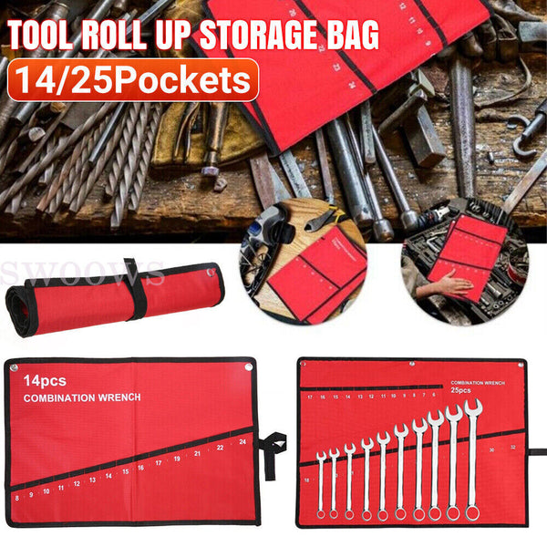 14-25 Pocket Red Canvas Spanner Wrench Storage Bag Tool Roll Up Organizer Pouch