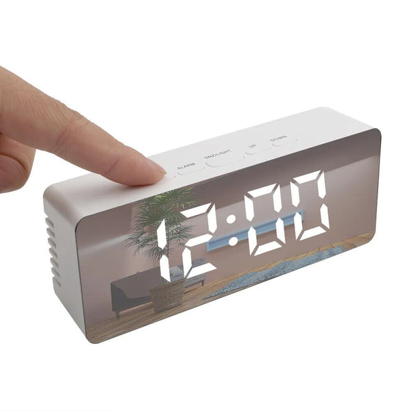 Alarm Clock Digital Led Mirror Desk Table Temperature Time Snooze USB Battery