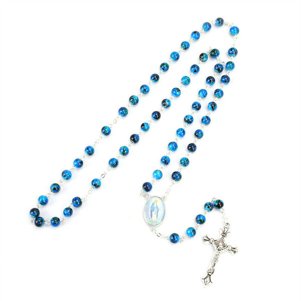 Rosary Beads Bead Blue Glass Necklace Crucifix Catholic Jesus Mary Catholic