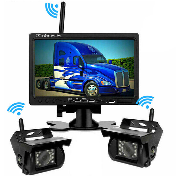 Wireless 7'' LCD Monitor 2x CCD Backup Reverse Camera 18 IR 12-24v Caravan Truck