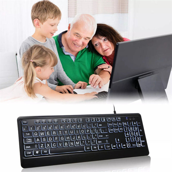 104Key Large Print USB Interface Multimedia Wired Keyboard LED Backlit for Elder