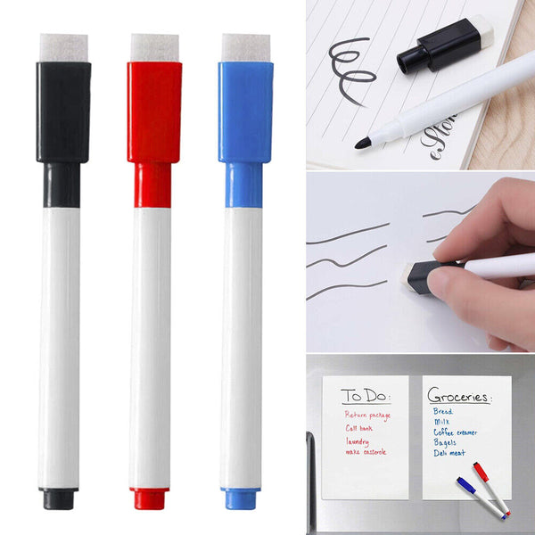 NEW 12 pcs Whiteboard Marker Pens With Dry Wipe Erase Pen Eraser Lid au stock