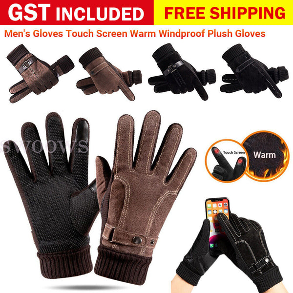 Winter Warm Men Thick Leather Gloves Driving Gloves Touch Screen Mitten Thermal