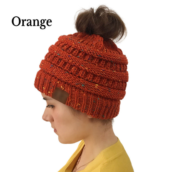 Women's Beanie Ponytail Messy Bun BeanieTail Multi Color Ribbed Winter Hat Cap