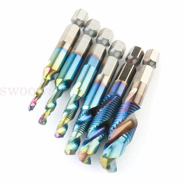 6PCS Metric Thread M3-M10 Titanium Coated Drill and Tap Bits 1/4 Hex Shank Tools