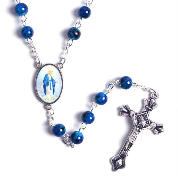 Rosary Beads Bead Blue Glass Necklace Crucifix Catholic Jesus Mary Catholic