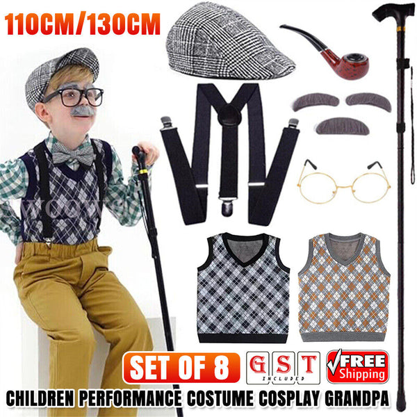 Boys Grandpa Little Old Man Costume Child Kids Cosplay Party 100 Days Of School