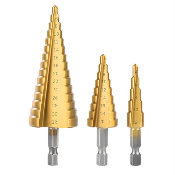 3pcs Large HSS Steel Step Cone Drill Titanium Bit Set Hole Cutter 4-12/20/32mm