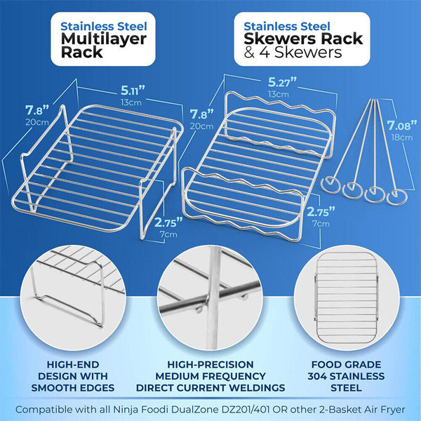 2Pcs Air Fryer Rack with 4 Barbecue Sticks for Double Basket Grill Accessories