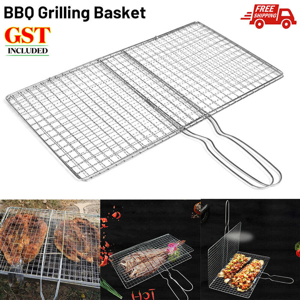 1/2x BBQ Fish Grilling Basket Grill Camping Net Meat Vegetable Kitchen Tool AU