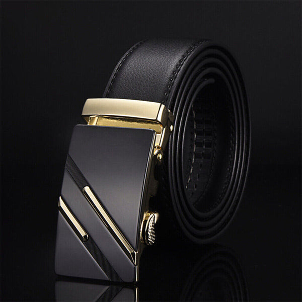 Fashion Mens Genuine Leather Ratchet Belt Automatic Buckle Waistband Waist Strap