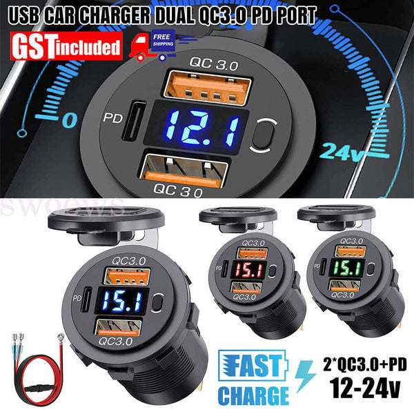 PD Type C Dual USB Car Charger QC 3.0 Charger 12V 24V Power Outlet Socket