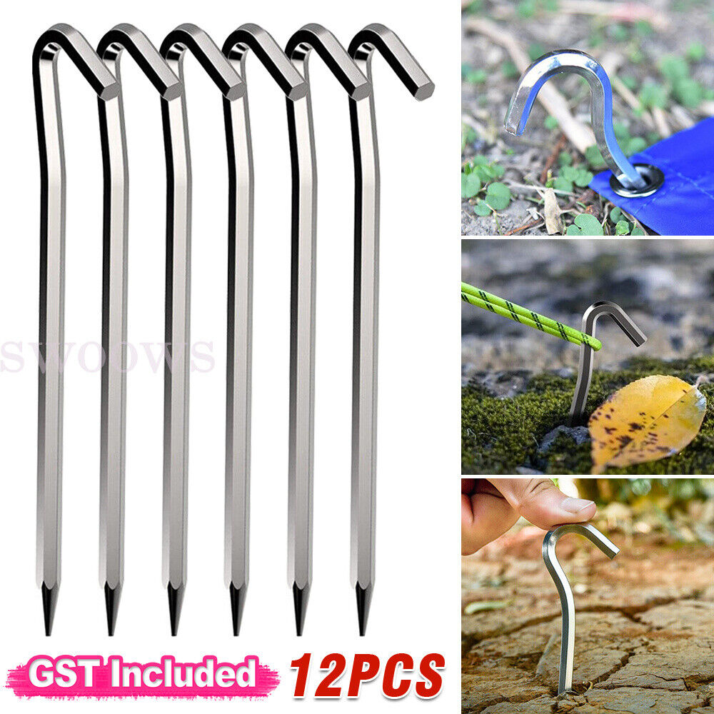 12/24 Aluminum Tent Pegs Hook Outdoor Camping Trip Ground Durable Nail Stakes