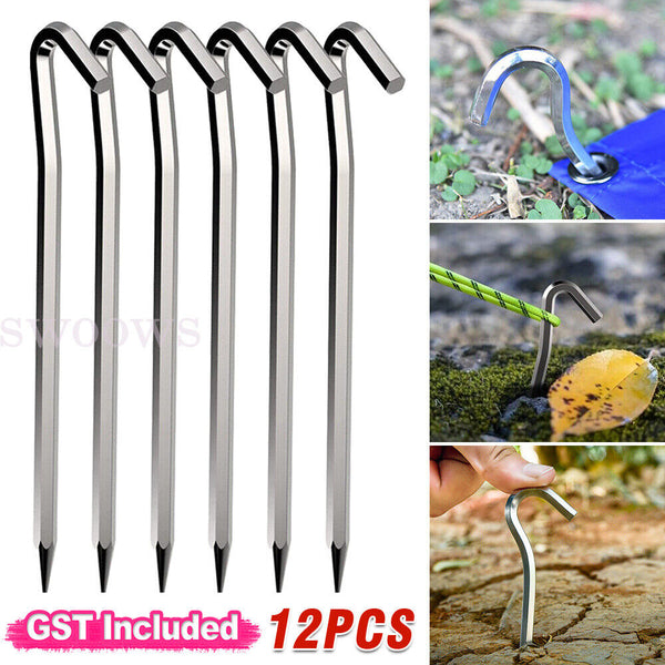 12/24 Aluminum Tent Pegs Hook Outdoor Camping Trip Ground Durable Nail Stakes