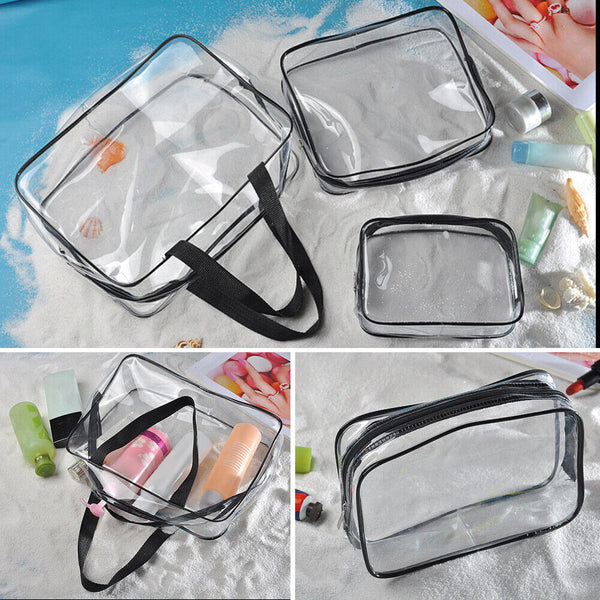 3PCS Travel Wash Bag Holder Set Cosmetic Makeup Toiletry Clear PVC Organize