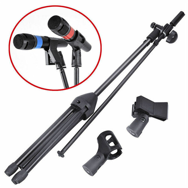 Professional Dual Microphone Stand Telescopic Boom Adjustable Mic Holder Tripod