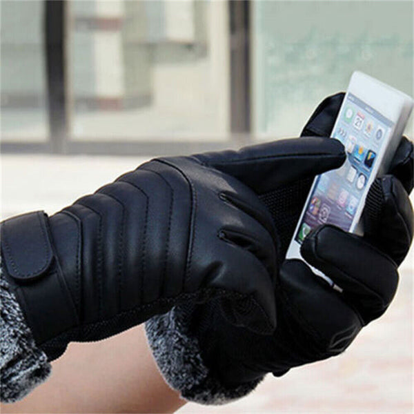 1/2 Winter Warm PU Leather Wool Wrist Gloves Touch Screen Full Finger Fur Mitten