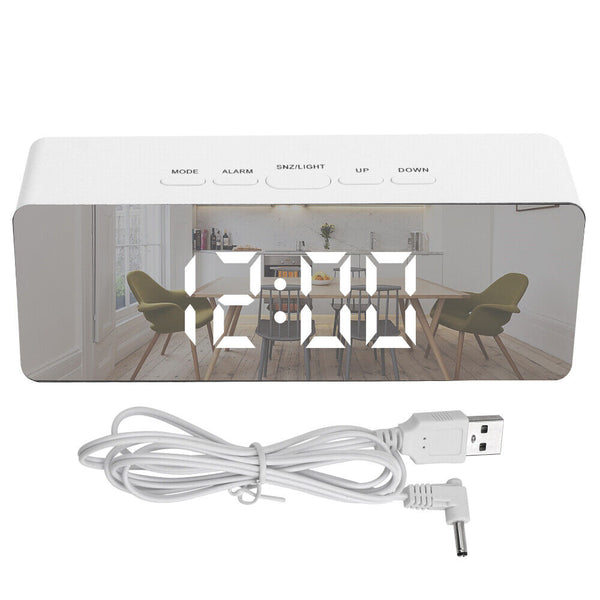 Alarm Clock Digital Led Mirror Desk Table Temperature Time Snooze USB Battery