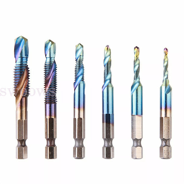 6PCS Metric Thread M3-M10 Titanium Coated Drill and Tap Bits 1/4 Hex Shank Tools