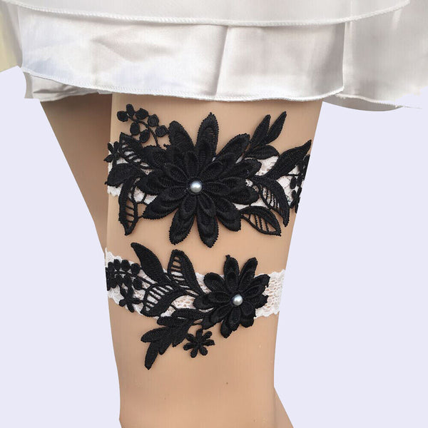 2x NEW Girly Black White Party Bride Wedding Flower Lace Garter Suspender Belt