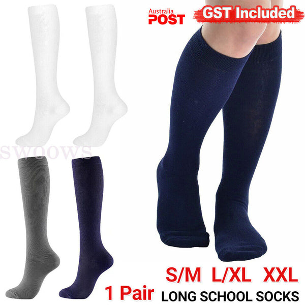 Cotton Long School Knee High Black White Navy Blue Socks Kids Boys Girls New AU