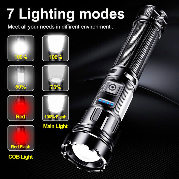 Super Bright 1000000 Lumen LED Torch Cob Work Light Flashlight USB Rechargeable