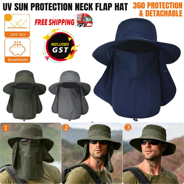 Mens Neck Flap Hat Wide Brim Cap Face Unisex Hiking Fishing UV Sun Protection AU