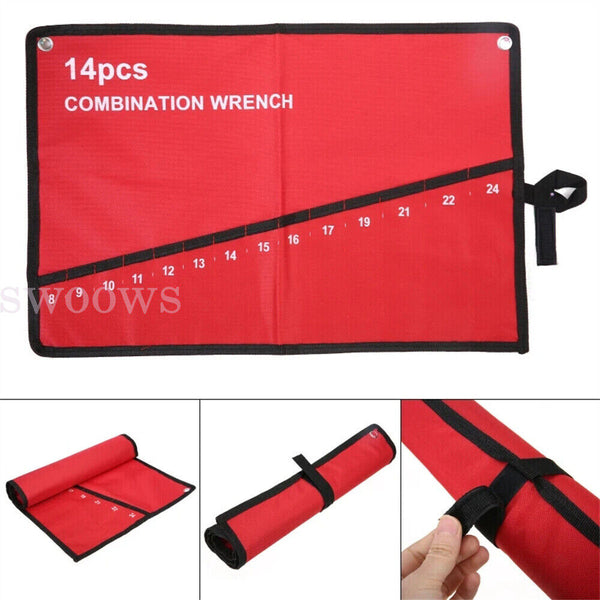 14-25 Pocket Red Canvas Spanner Wrench Storage Bag Tool Roll Up Organizer Pouch