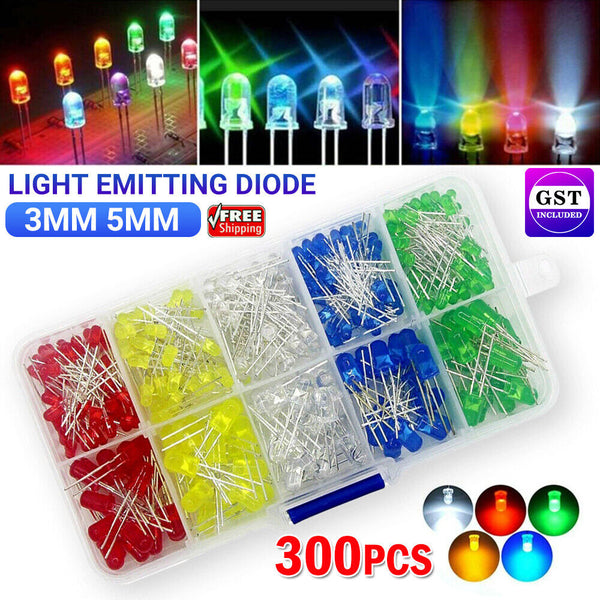 300Pcs 3V 3mm 5mm Light Emitting Diode LED Lamp Assorted Kit Red White Green AU