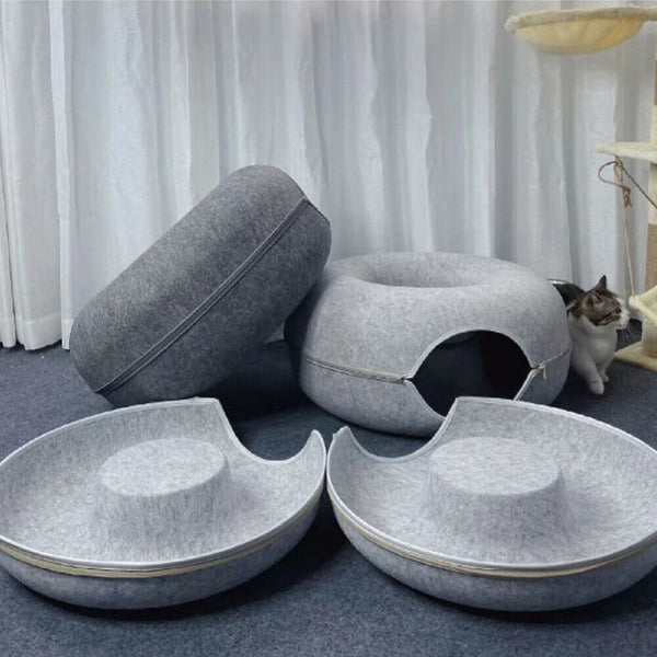 Cat Tunnel Bed Felt Pet Puppy Nest Cave House Round Donut Washable Detachable