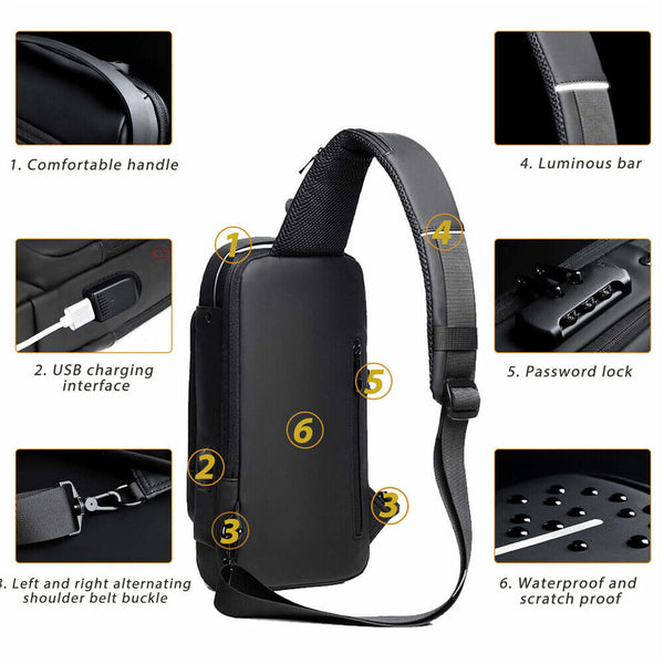 Men's Sling Crossbody Bag Anti-theft Chest Shoulder Messenger Backpack USB Port