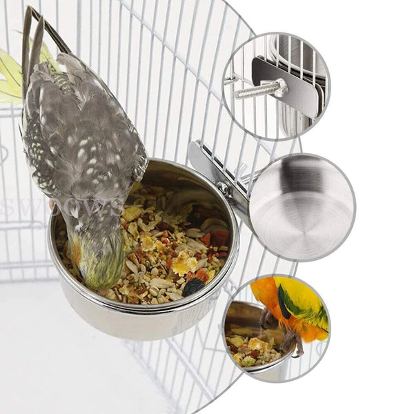 Pet Bowl Bird Feeding Dish Cup Parrot Food Water Bowl with Clamp Stainless Steel