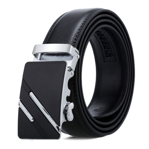 Fashion Mens Genuine Leather Ratchet Belt Automatic Buckle Waistband Waist Strap