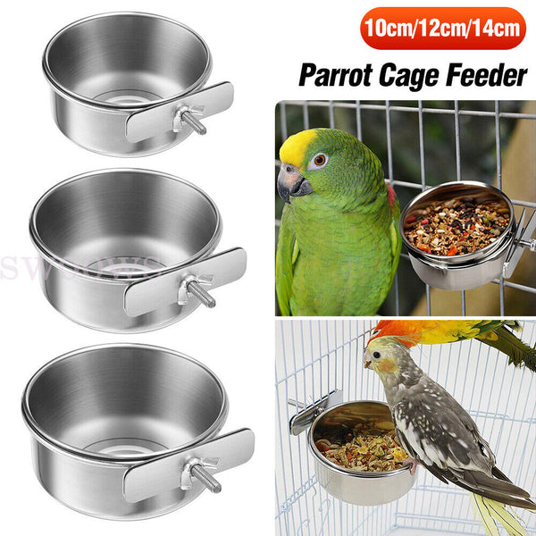 Pet Bowl Bird Feeding Dish Cup Parrot Food Water Bowl with Clamp Stainless Steel