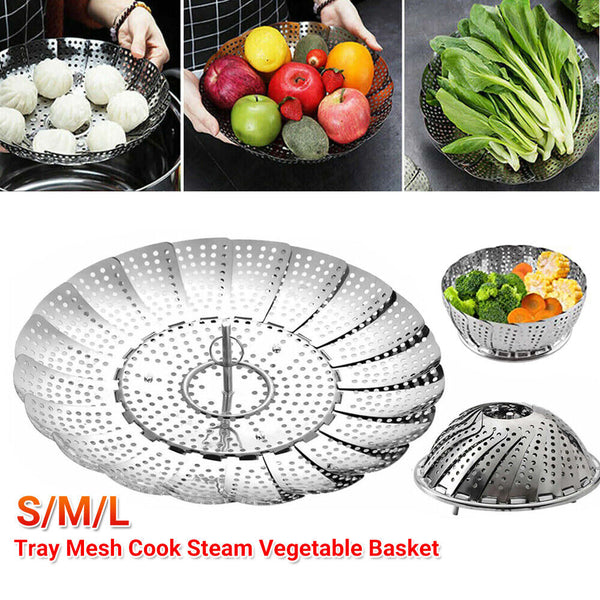 Up 2X Tray Mesh Cook Steam Vegetable Basket Stainless Steel Folding Steamer 23CM