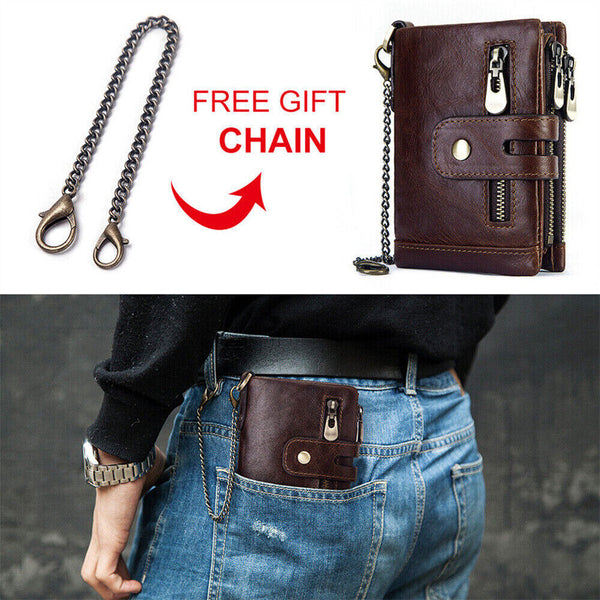 Men's RFID Blocking Wallet Genuine Leather Purse Card Slots Coins Holder Chain