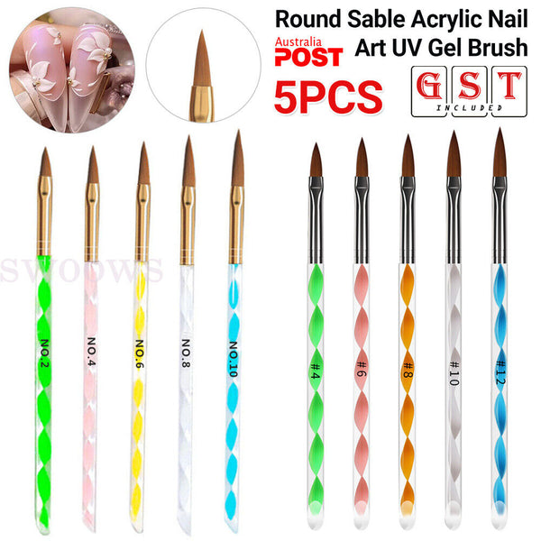 5pcs x New Sable Nail Art Acrylic Brushes in Sizes 4 6 8 10 12 Gel Drawing