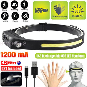 Waterproof COB LED Headlamp Motion Sensor Head Torch USB Rechargeable Headlight