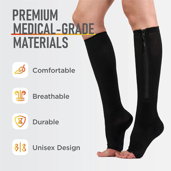 Zip Sox Compression Socks Zipper Leg Support Knee Open Toe Shaper Stockings New