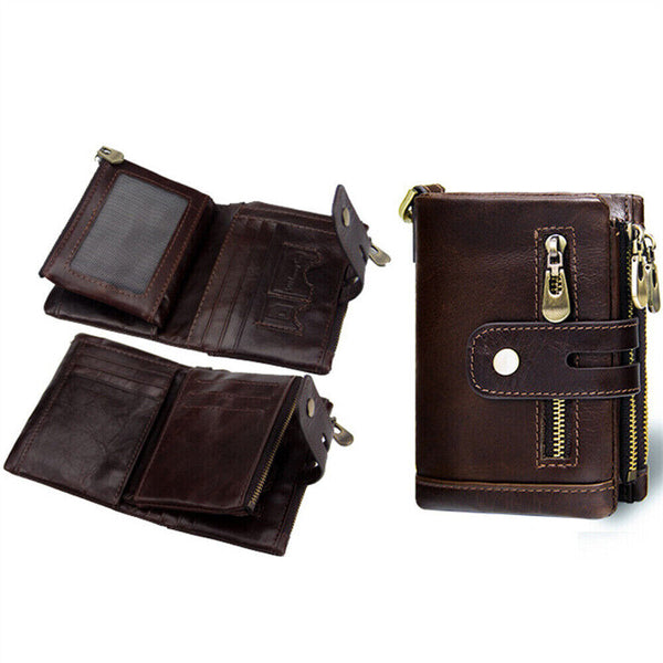 Men's RFID Blocking Wallet Genuine Leather Purse Card Slots Coins Holder Chain