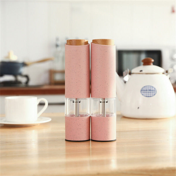 2PCS Adjustable Electric Salt & Pepper Grinder Mills Shakers Set With Holder Au