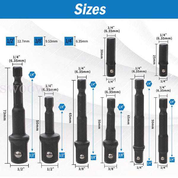 1-2 Set Drill Socket Adapter Impact Nut Driver Bit Extension Hex 1/4" 3/8" 1/2"T