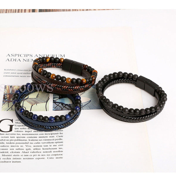 Mens Leather Braided Surfer Wristband Bracelet Tiger Eyes Beaded Bangle Gift