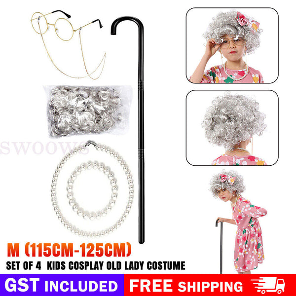 Old Lady Costume for Kids 100th Day of Schoolkids Old Lady Costume 4 Pcs Costume