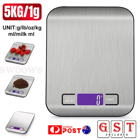 Digital Kitchen Scale LED Display 5Kg/1G Stainless Steel Panel Weighing Scale