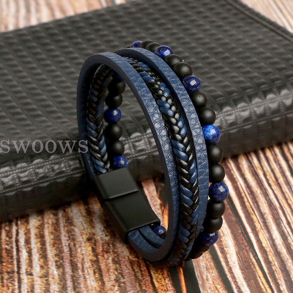 Mens Leather Braided Surfer Wristband Bracelet Tiger Eyes Beaded Bangle Gift