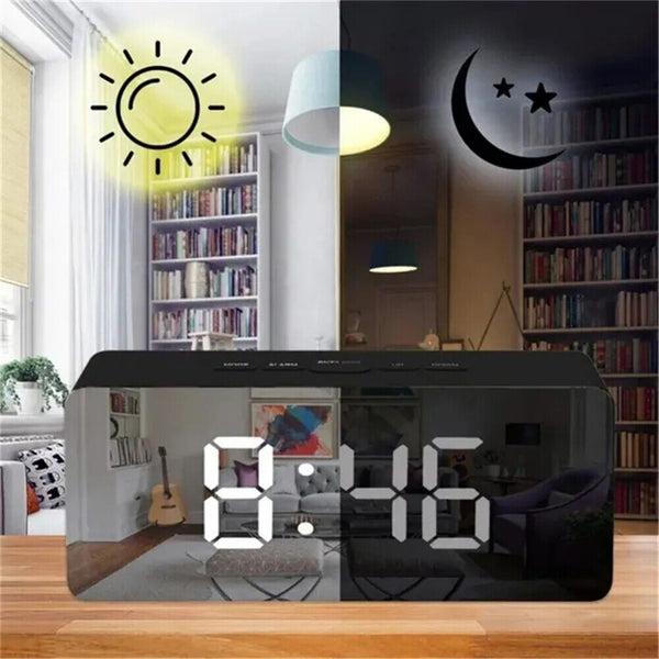 Alarm Clock Digital Led Mirror Desk Table Temperature Time Snooze USB Battery