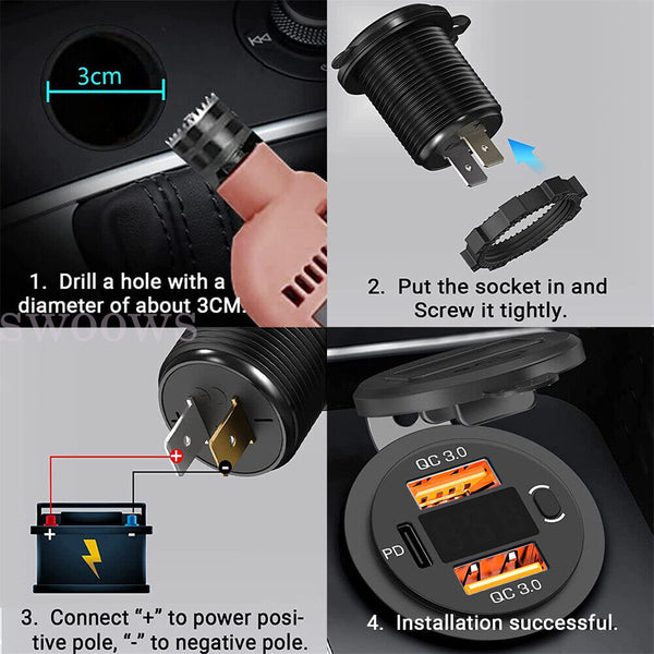 PD Type C Dual USB Car Charger QC 3.0 Charger 12V 24V Power Outlet Socket